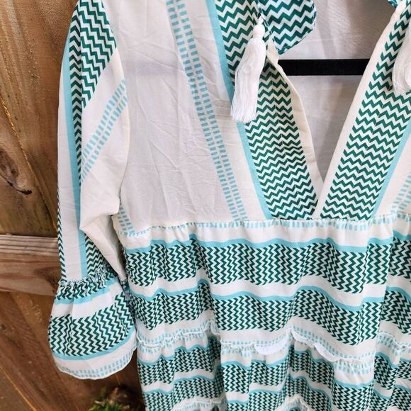 Aly Daly Ruffle Tunic Blouse White Teal Fringe Tassles Women's Small - Picture 4 of 6